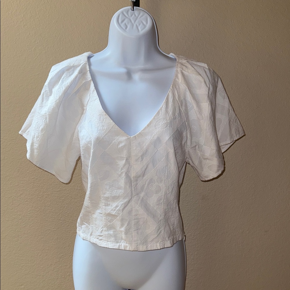 Madewell White V-Neck Crop Floral Short Bell Sleeves Blouse Women’s Size 00